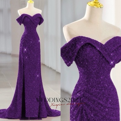Lovely sweethear neck strapless sequins purple slit prom dress