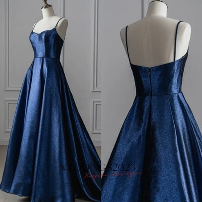 Navy blue spaghetti straps sweetheart neck satin a-line zipper back prom dress