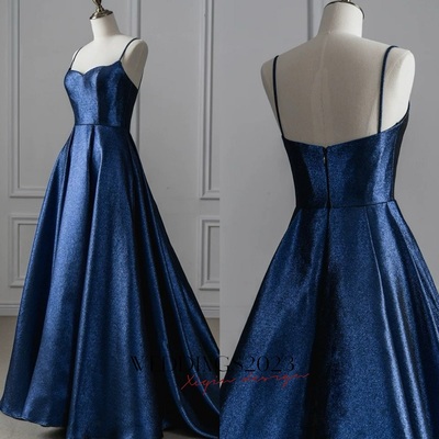 Navy Blue Spaghetti straps Sweetheart Neck Satin A-line Zipper Back Prom Dress