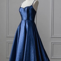 Navy Blue Spaghetti straps Sweetheart Neck Satin A-line Zipper Back Prom Dress - Thumbnail 4