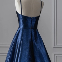 Navy Blue Spaghetti straps Sweetheart Neck Satin A-line Zipper Back Prom Dress - Thumbnail 2