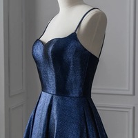 Navy Blue Spaghetti straps Sweetheart Neck Satin A-line Zipper Back Prom Dress - Thumbnail 3