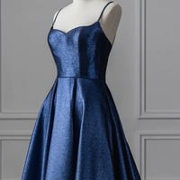 Navy Blue Spaghetti straps Sweetheart Neck Satin A-line Zipper Back Prom Dress - Thumbnail 6