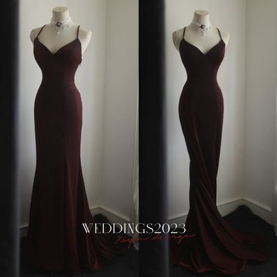 Burgundy Spaghetti straps Sweetheart Neck Mermaid Floor Length Prom Dress