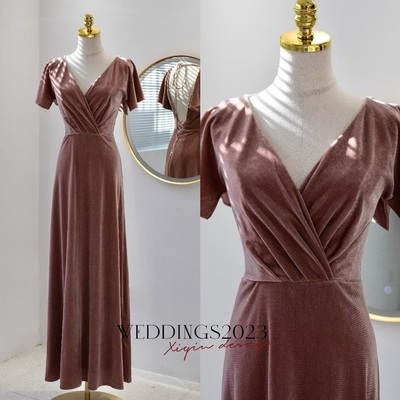 Deep v-neck light pink short sleeves backless lace up back prom dress 