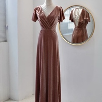 Deep V-neck Light Pink Short Sleeves Backless Lace up Back Prom Dress  - Thumbnail 5