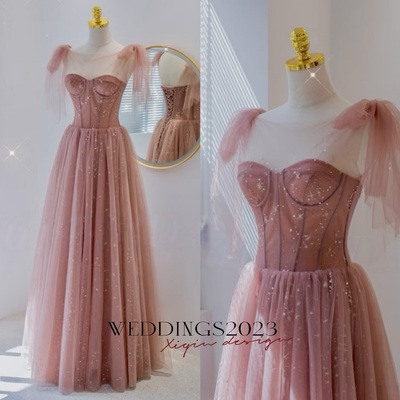 Fairy Sweet Pink Off Shoulder Evening Gown with Lace up Tulle Skirt Prom, Bridesmaid, Wedding Guest Dress