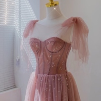 Fairy Sweet Pink Off Shoulder Evening Gown with Lace up Tulle Skirt Prom, Bridesmaid, Wedding Guest Dress - Thumbnail 2