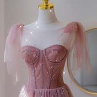 Fairy Sweet Pink Off Shoulder Evening Gown with Lace up Tulle Skirt Prom, Bridesmaid, Wedding Guest Dress - Thumbnail 3