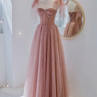 Fairy Sweet Pink Off Shoulder Evening Gown with Lace up Tulle Skirt Prom, Bridesmaid, Wedding Guest Dress - Thumbnail 4
