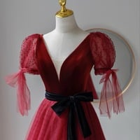 Burgundy Velvet Tulle Long Prom Dress with Black Belt, A-Line Formal Evening Dress,Short Sleeves Prom Dress - Thumbnail 3