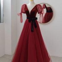 Burgundy Velvet Tulle Long Prom Dress with Black Belt, A-Line Formal Evening Dress,Short Sleeves Prom Dress - Thumbnail 1