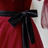 Burgundy Velvet Tulle Long Prom Dress with Black Belt, A-Line Formal Evening Dress,Short Sleeves Prom Dress - Thumbnail 2