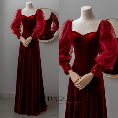 Burgundy velvet elegant long sleeve wedding party vestidos square collor slim waist mesh design prom dresses formal robe evening dress 