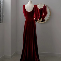 Burgundy Velvet Elegant Long Sleeve Wedding Party Vestidos Square Collor Slim Waist Mesh Design Prom Dresses Formal Robe Evening Dress  - Thumbnail 1