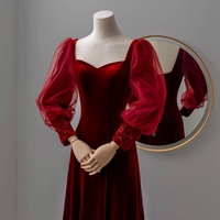 Burgundy Velvet Elegant Long Sleeve Wedding Party Vestidos Square Collor Slim Waist Mesh Design Prom Dresses Formal Robe Evening Dress  - Thumbnail 5