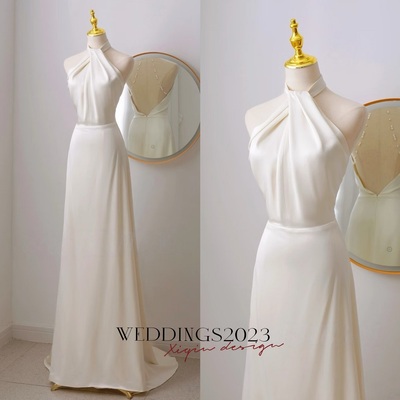 Simple Sheath Satin Ivory Long Wedding Dress Backless Brides Dress with Beading 