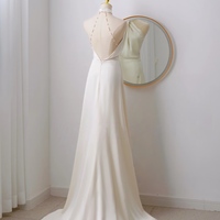 Simple Sheath Satin Ivory Long Wedding Dress Backless Brides Dress with Beading  - Thumbnail 1