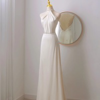 Simple Sheath Satin Ivory Long Wedding Dress Backless Brides Dress with Beading  - Thumbnail 2