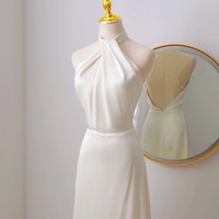 Simple Sheath Satin Ivory Long Wedding Dress Backless Brides Dress with Beading  - Thumbnail 5