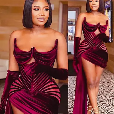 Plus size arabic aso ebi stylish burgundy sexy prom dresses sweetheart short velvet evening formal party second reception dress
