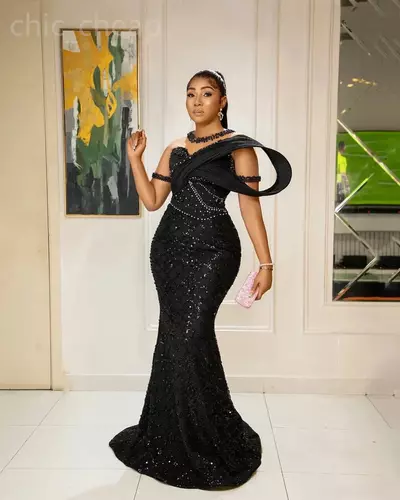 Aso Ebi Black Mermaid Prom Dress Beaded Sheer Neck Evening Formal Party Second Reception 50th Birthday Engagement Gowns