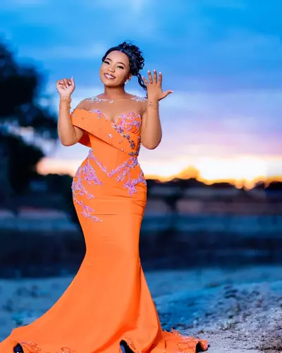 Aso Ebi Orange Mermaid Prom Dresses Lace Beaded Crystals Evening Formal Party Second Reception Birthday Engagement Dress