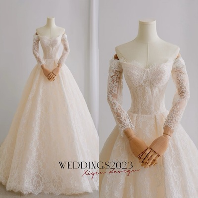 Lovely lace sweetheart neckline a-line off-the-shoulder long sleeves lace wedding dresses