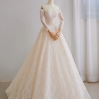 Lovely Lace Sweetheart Neckline A-Line Off-the-Shoulder Long Sleeves Lace Wedding Dresses - Thumbnail 4