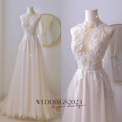 Boho Wedding Dress with Floral Lace Applique, High Neck Beading Beach Wedding Dress, Tulle Skirt Lace Wedding Dress