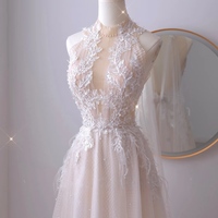 Boho Wedding Dress with Floral Lace Applique, High Neck Beading Beach Wedding Dress, Tulle Skirt Lace Wedding Dress - Thumbnail 4