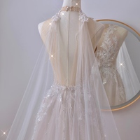 Boho Wedding Dress with Floral Lace Applique, High Neck Beading Beach Wedding Dress, Tulle Skirt Lace Wedding Dress - Thumbnail 1