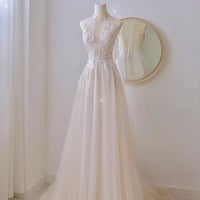 Boho Wedding Dress with Floral Lace Applique, High Neck Beading Beach Wedding Dress, Tulle Skirt Lace Wedding Dress - Thumbnail 3