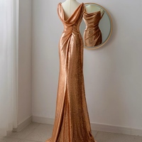 Gold Sparkly Sequins with Open Cowl Back Formal Prom Evening Dress - Thumbnail 2