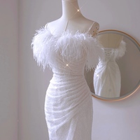 Ivory Mermaid Feather wedding dress, Modern bridal gown with sequin, Strapless bridal robe - Thumbnail 2
