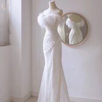 Ivory Mermaid Feather wedding dress, Modern bridal gown with sequin, Strapless bridal robe - Thumbnail 1