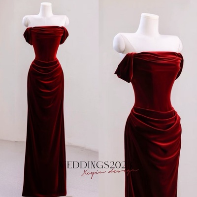 Burgundy velvet off shoulder mermaid long prom dresses, mermaid maroon formal dresses, wine red evening dresses 