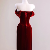 Burgundy Velvet Off Shoulder Mermaid Long Prom Dresses, Mermaid Maroon Formal Dresses, Wine Red Evening Dresses  - Thumbnail 1