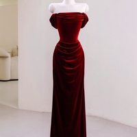 Burgundy Velvet Off Shoulder Mermaid Long Prom Dresses, Mermaid Maroon Formal Dresses, Wine Red Evening Dresses  - Thumbnail 3