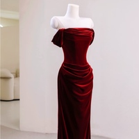 Burgundy Velvet Off Shoulder Mermaid Long Prom Dresses, Mermaid Maroon Formal Dresses, Wine Red Evening Dresses  - Thumbnail 4