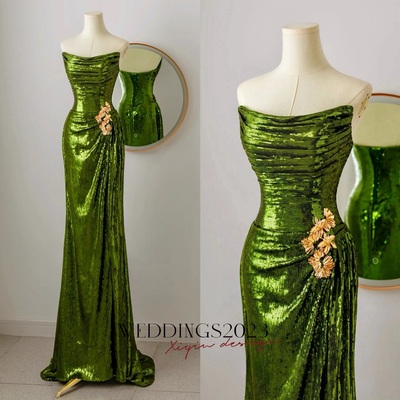 Custom Green Sequin Ruched Scoop Neck Strapless Slit Prom Dress,, Strapless Evening Party Dress,Open Back Dresses