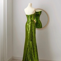 Custom Green Sequin Ruched Scoop Neck Strapless Slit Prom Dress,, Strapless Evening Party Dress,Open Back Dresses - Thumbnail 3