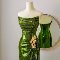 Custom Green Sequin Ruched Scoop Neck Strapless Slit Prom Dress,, Strapless Evening Party Dress,Open Back Dresses - Thumbnail 1