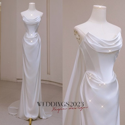 Minimalist Satin Off-Shoulder Corset Wedding Dress with Sheer Cape, Strapless Ivory Wedding Dress