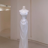 Minimalist Satin Off-Shoulder Corset Wedding Dress with Sheer Cape, Strapless Ivory Wedding Dress - Thumbnail 5