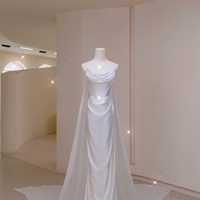 Minimalist Satin Off-Shoulder Corset Wedding Dress with Sheer Cape, Strapless Ivory Wedding Dress - Thumbnail 1