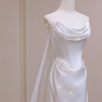 Minimalist Satin Off-Shoulder Corset Wedding Dress with Sheer Cape, Strapless Ivory Wedding Dress - Thumbnail 2