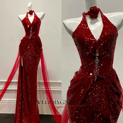 Burgundy Deep V Neck Silt Mermaid Glitter Tulle Galaxy Flowing Ball Gown Evening Dress