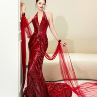 Burgundy Deep V Neck Silt Mermaid Glitter Tulle Galaxy Flowing Ball Gown Evening Dress - Thumbnail 4