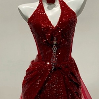 Burgundy Deep V Neck Silt Mermaid Glitter Tulle Galaxy Flowing Ball Gown Evening Dress - Thumbnail 5